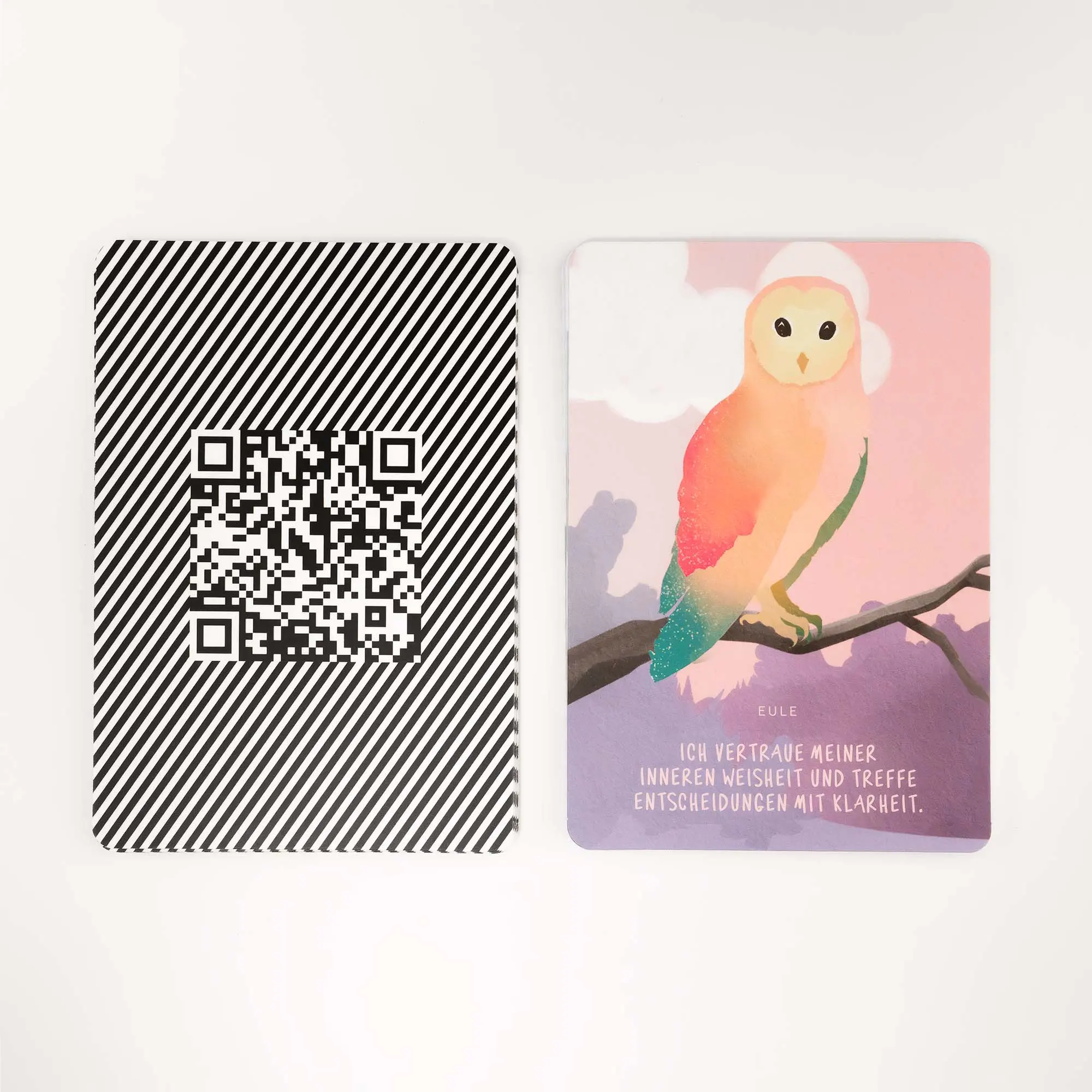 monjogh Krafttierkarten – Eule mit Affirmation und Kartenrückseite mit QR-Cod